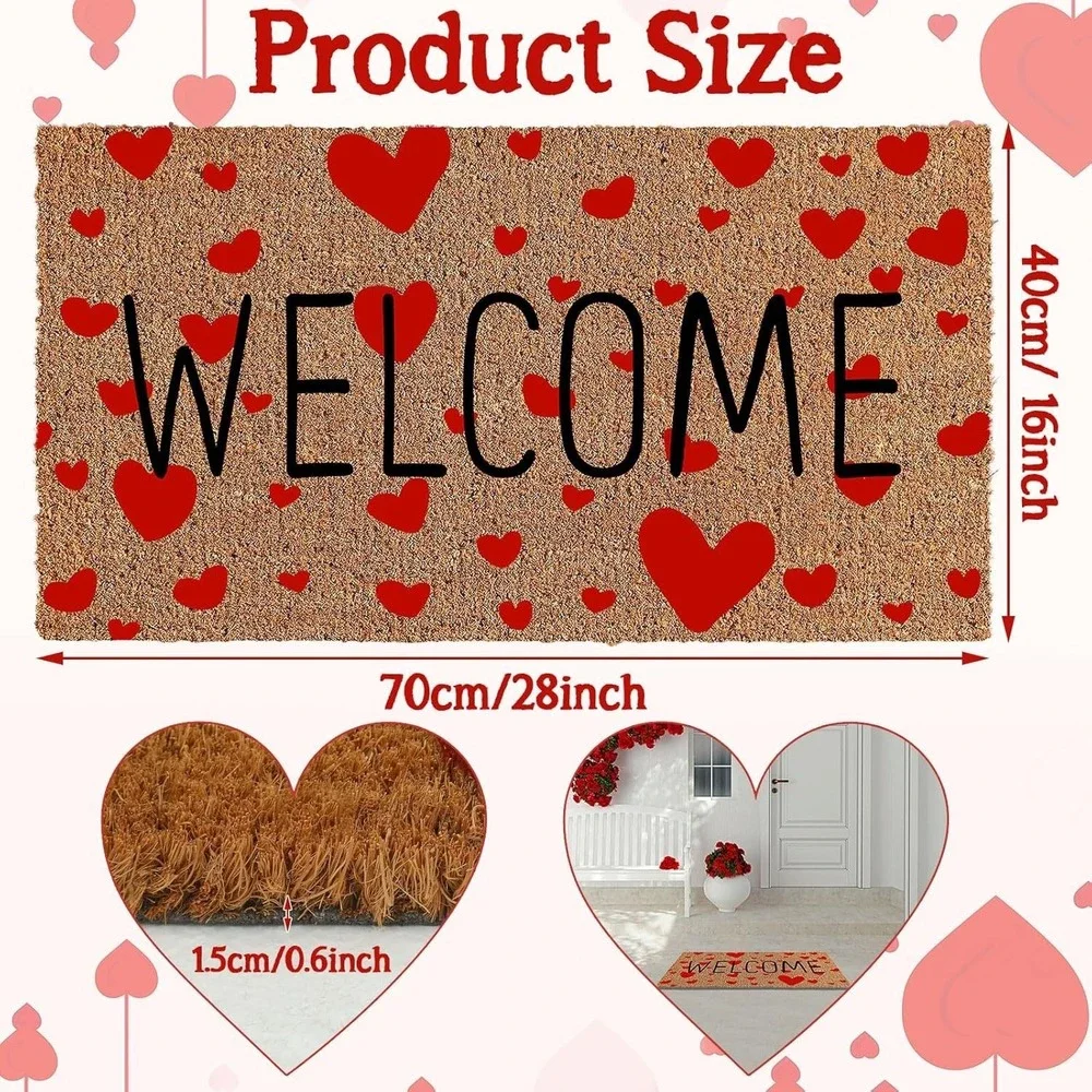 Valentine's Day Welcome Door Mat Red Heart Rug Non Slip 16 x 28 Inches